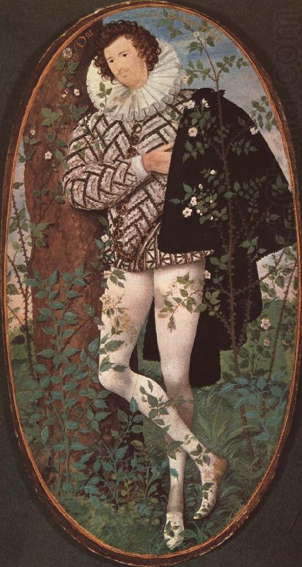 An unknown youth leaning against a tree among roses, unknow artist